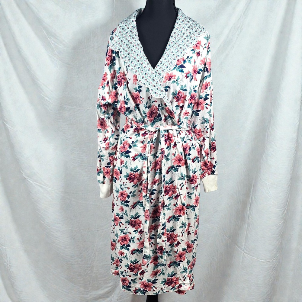 VTG Earth Angels Floral Wrap Robe Woman MED Pink Blue White Shawl Collar Pockets